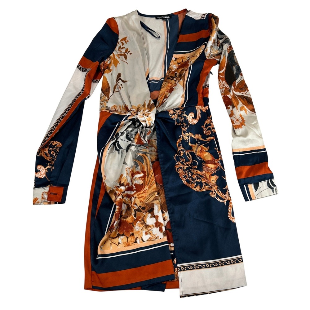 Fashion Nova Womens XS Baroque‎ Scarf Print Long Sleeve V-Neck Mini Dress Navy